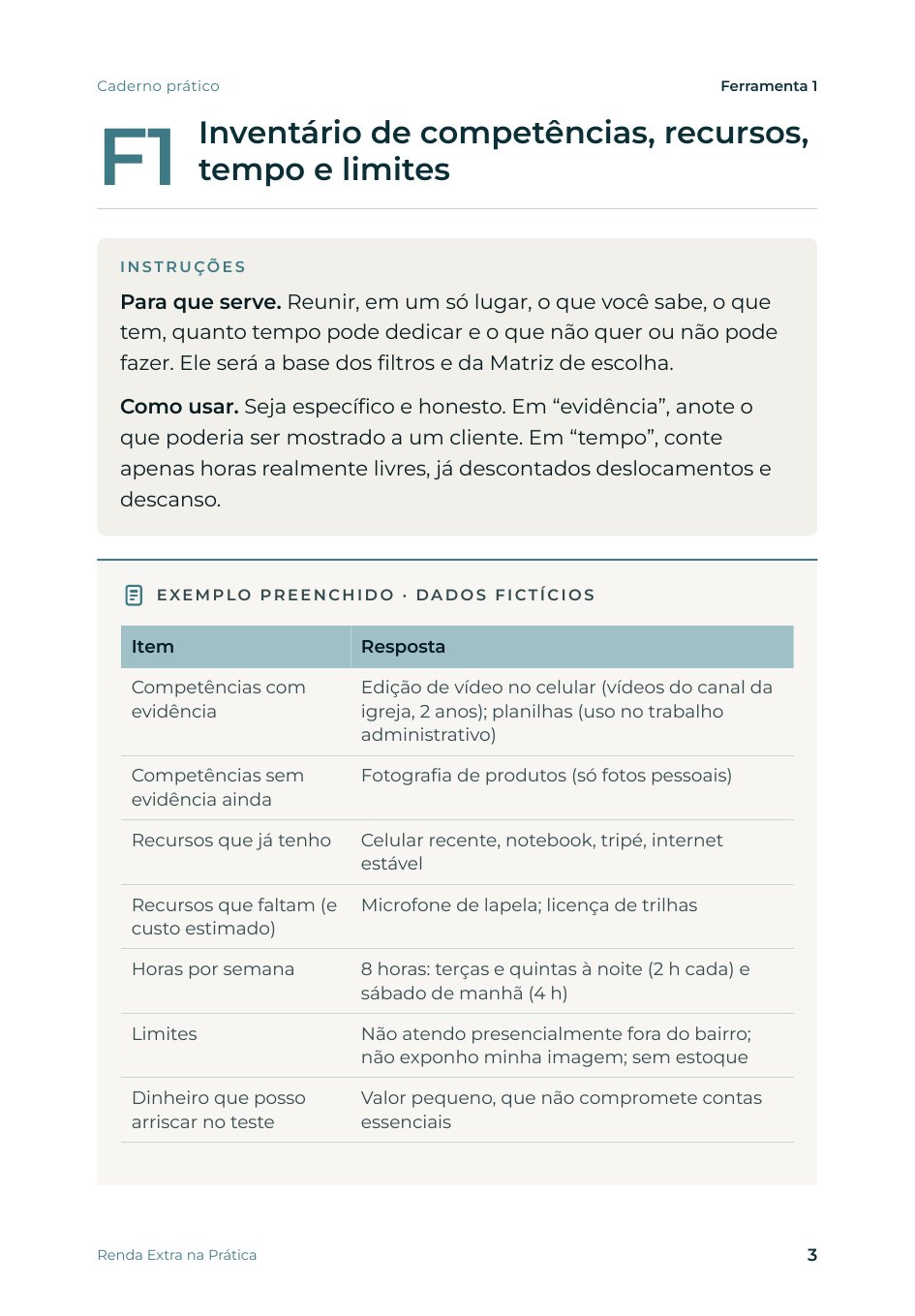 Página da Ferramenta 1 do Caderno prático, com exemplo preenchido