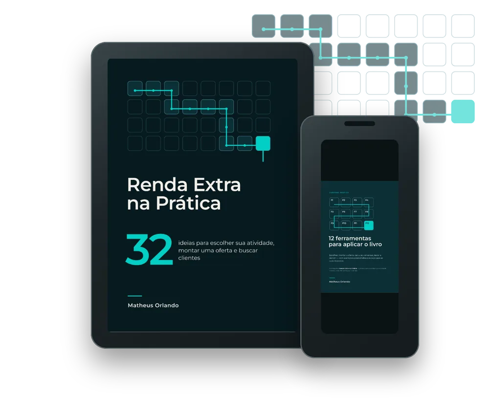 O e-book Renda Extra na Prática em um tablet e o Caderno prático em um celular