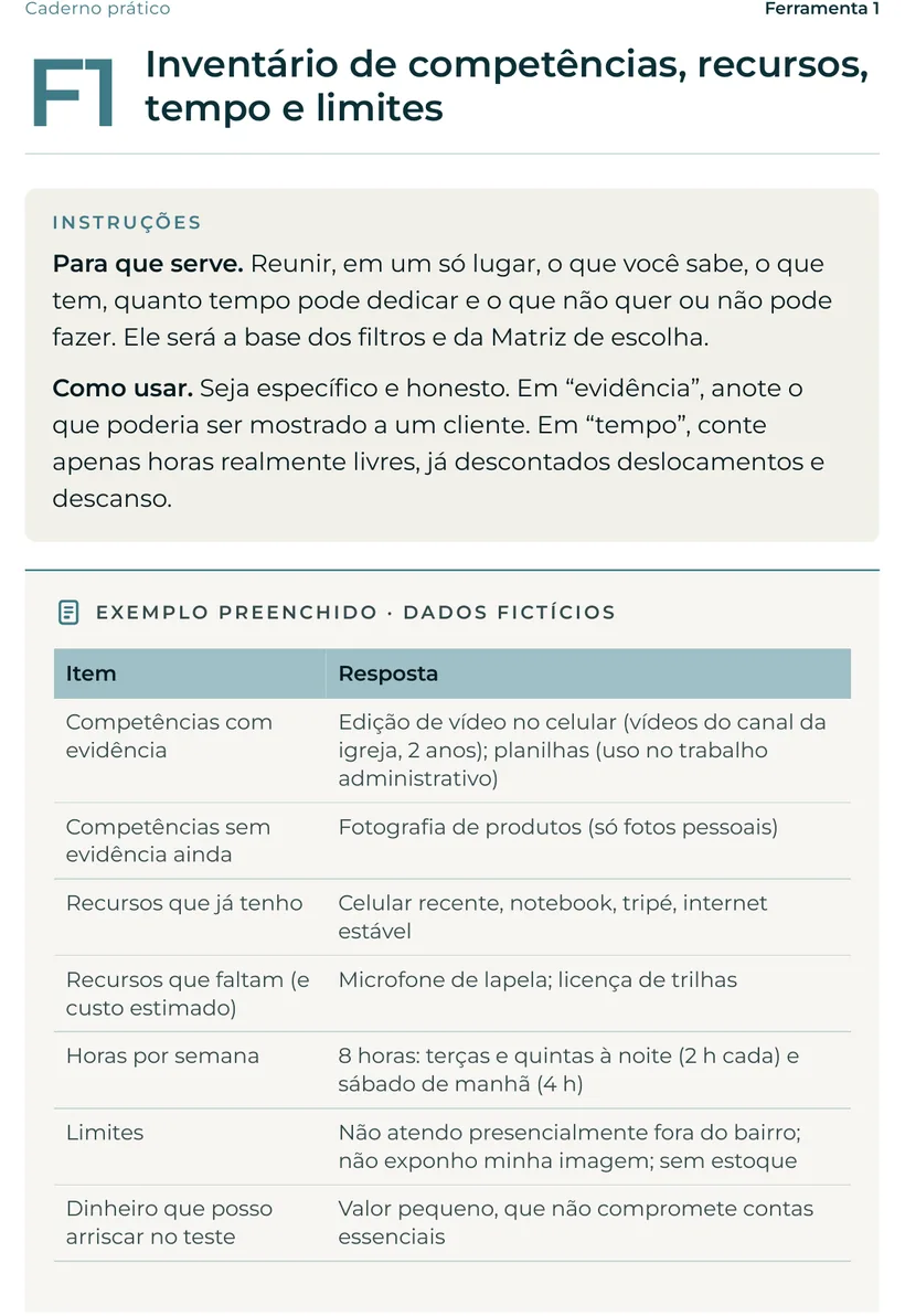 Ferramenta preenchida com dados fictícios